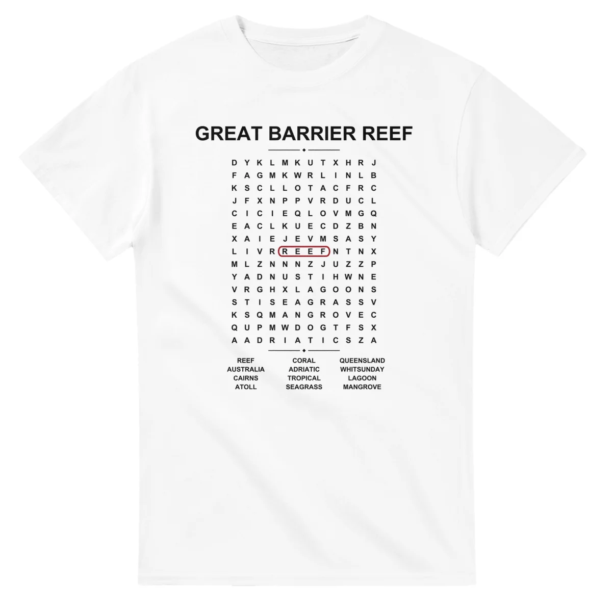 Word-search sheet for Great Barrier Reef, with a large place-name heading, a letter grid, a local answer list, and a red highlighted example word.