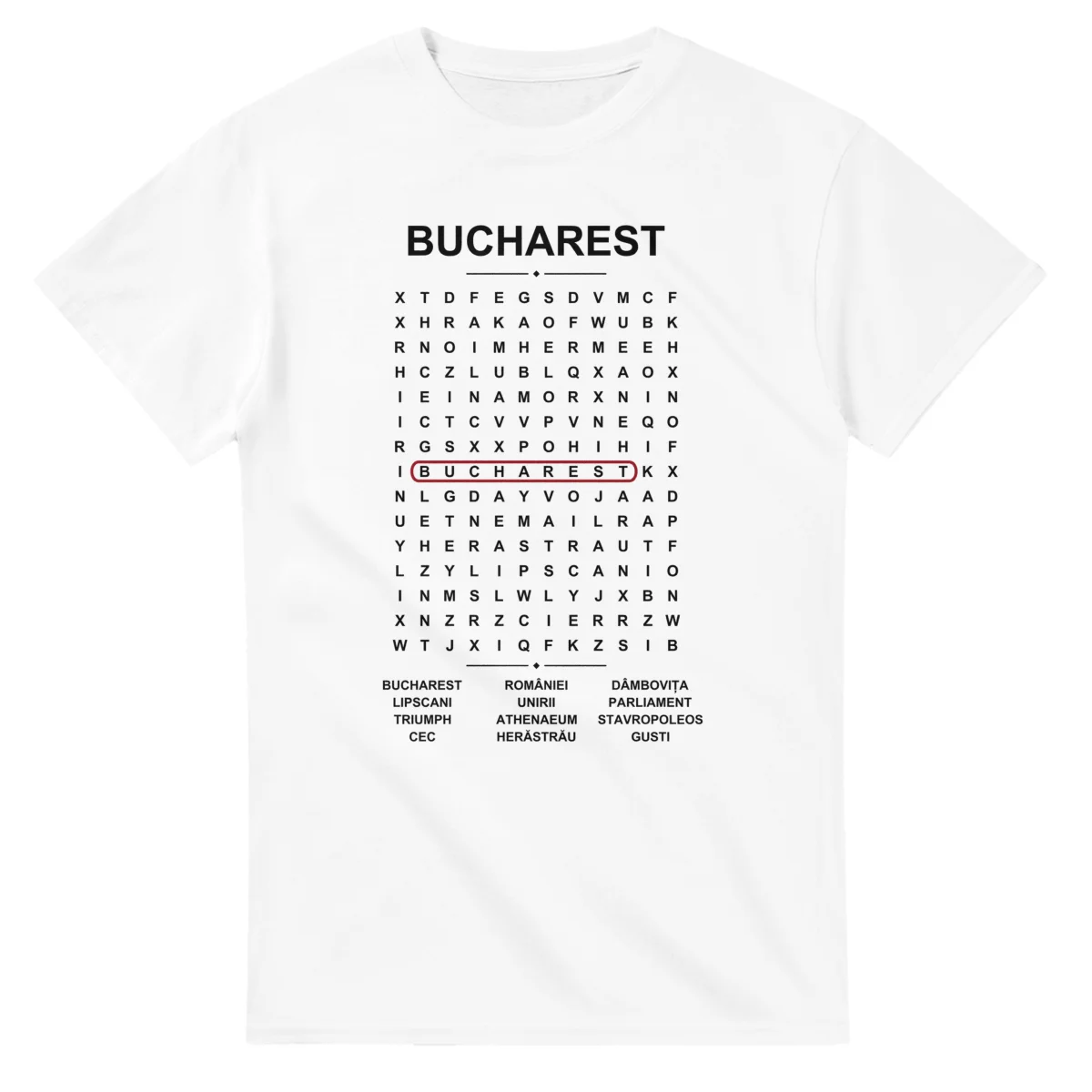 Word-search sheet for Bucharest, with a large place-name heading, a letter grid, a local answer list, and a red highlighted example word.