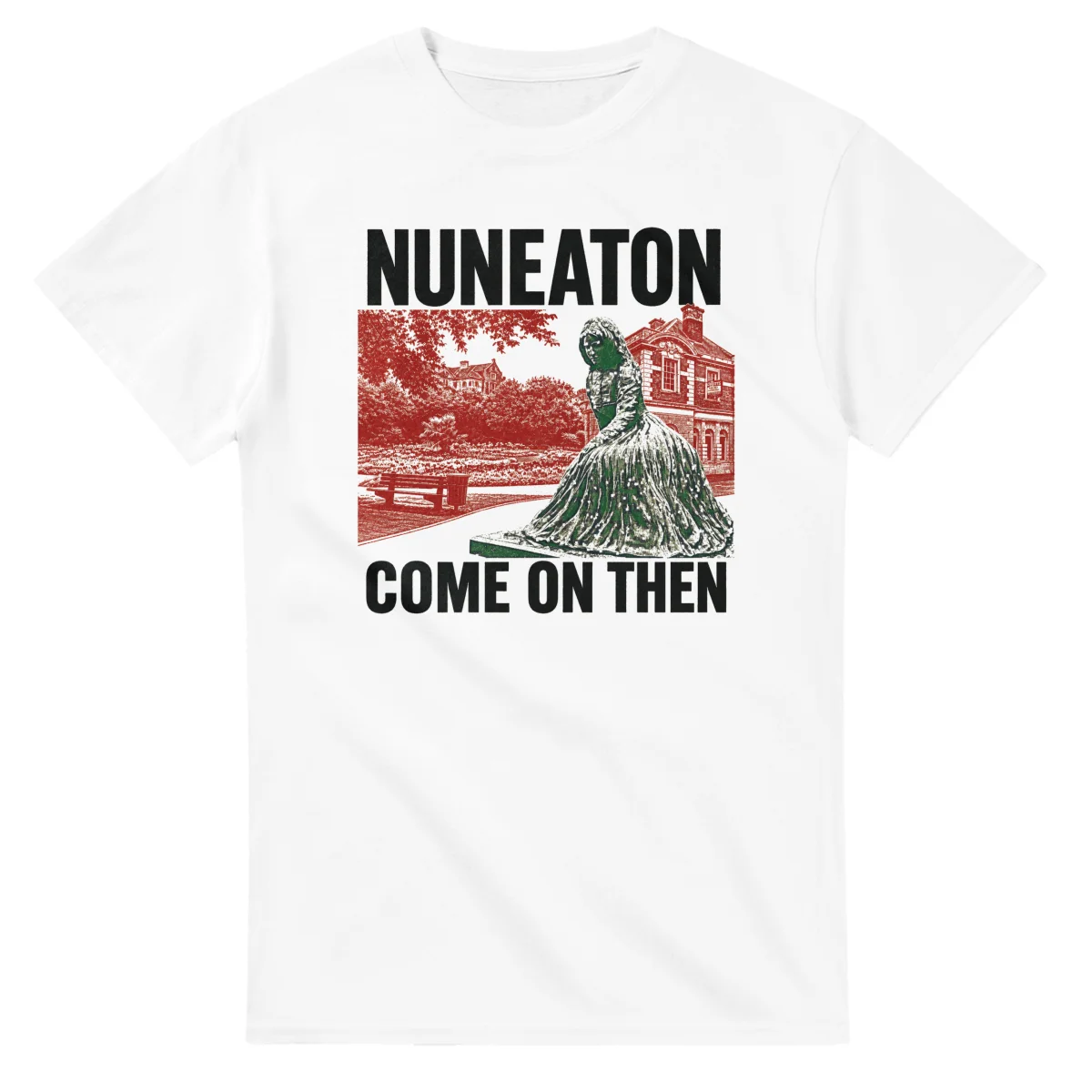 Two-colour scenic illustration for Nuneaton, with the place name and COME ON THEN lettering.
