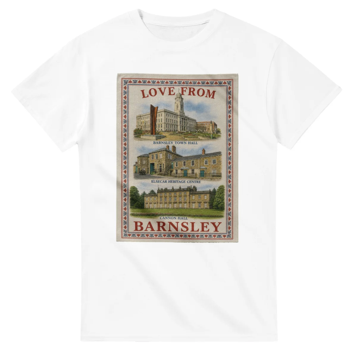 Framed scenic design for Barnsley, with several local views, a decorative border and LOVE FROM lettering.