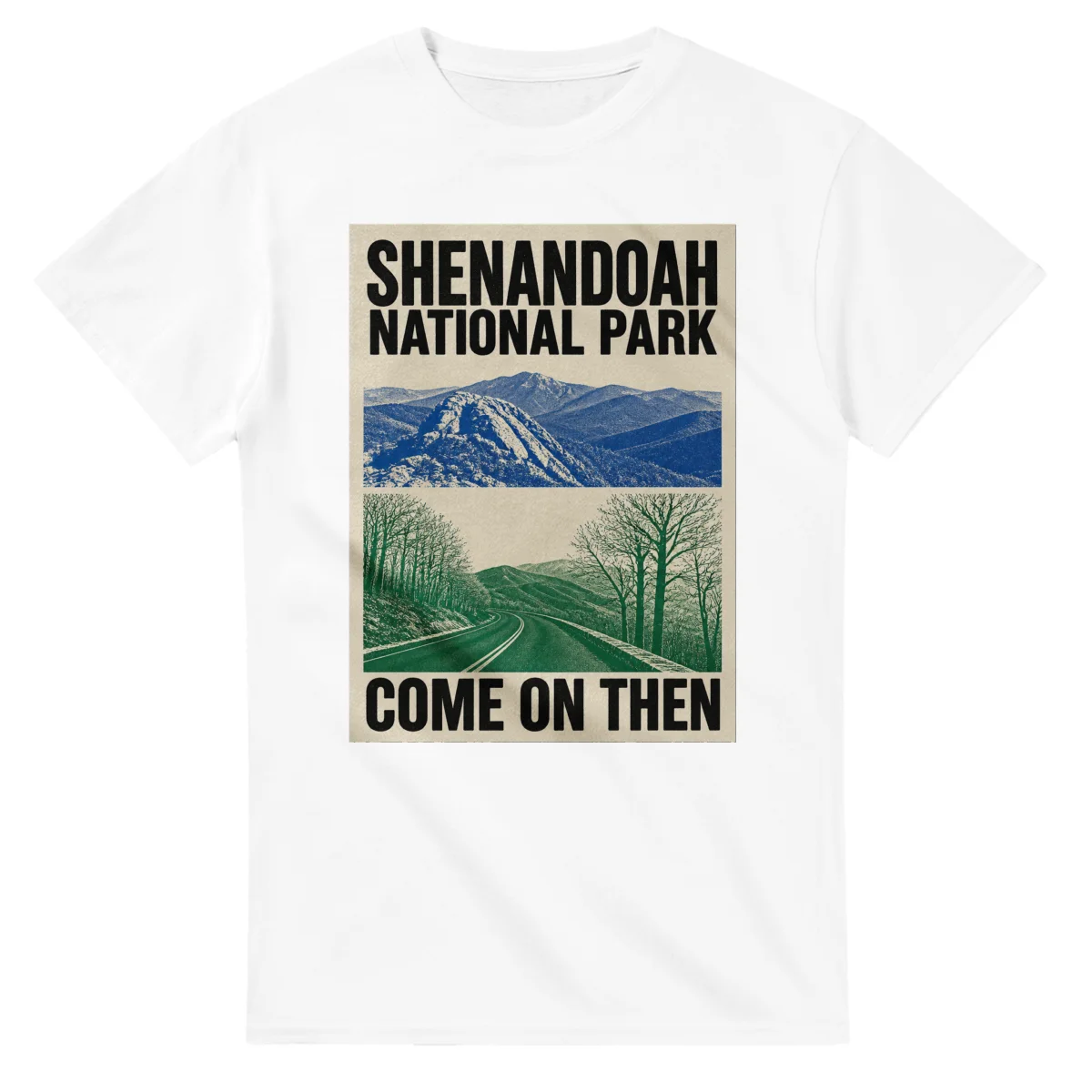 Two-colour scenic illustration for Shenandoah National Park, with the place name and COME ON THEN lettering.