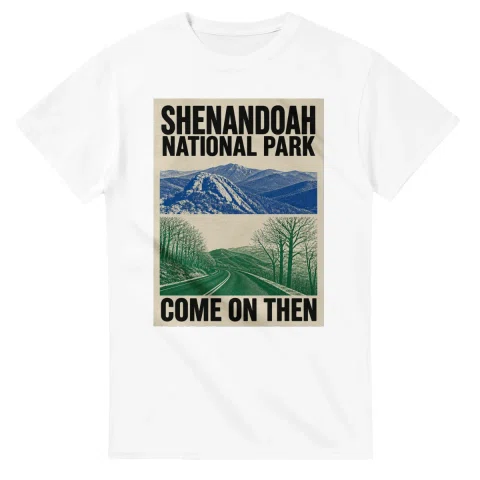 Two-colour scenic illustration for Shenandoah National Park, with the place name and COME ON THEN lettering.