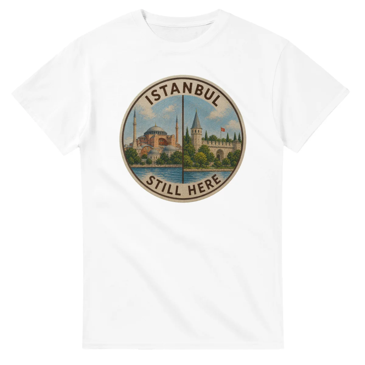 Painted, panelled scenic illustration for Istanbul, with paired local scenes and the place name in lettering.