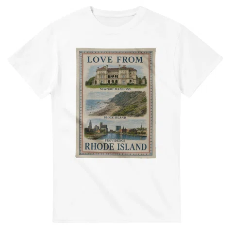 Framed scenic design for Rhode Island, with several local views, a decorative border and LOVE FROM lettering.