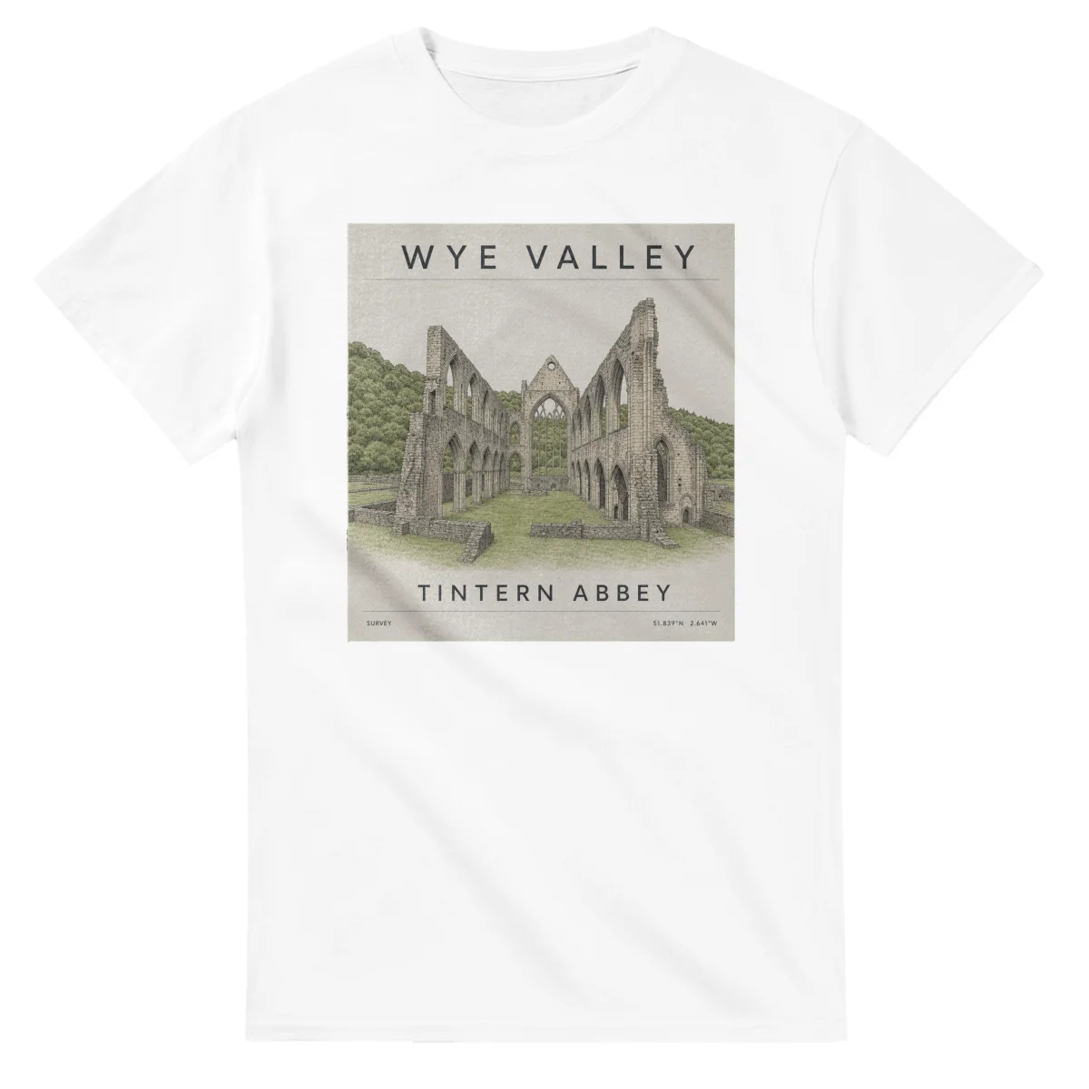 Fine-line engraving-style drawing for Wye Valley, with a landmark caption and small coordinate text.