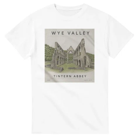 Fine-line engraving-style drawing for Wye Valley, with a landmark caption and small coordinate text.