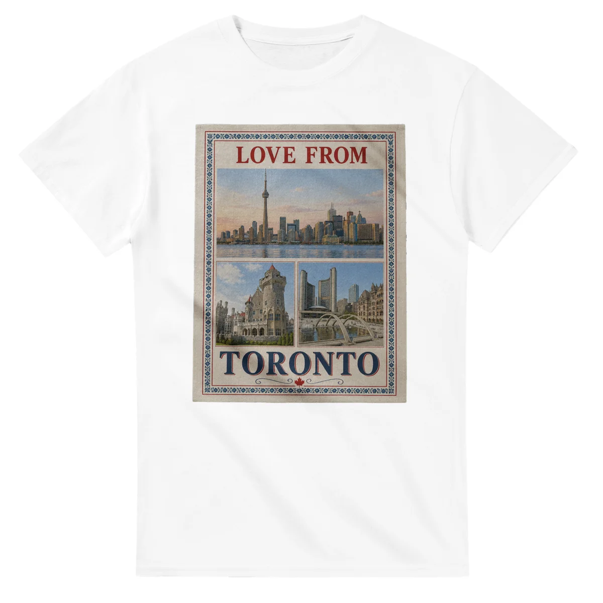 Framed scenic design for Toronto, with several local views, a decorative border and LOVE FROM lettering.