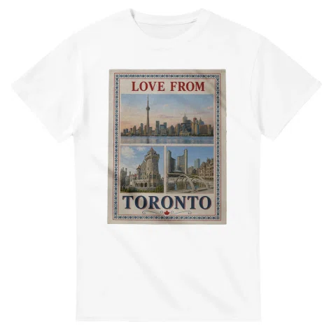 Framed scenic design for Toronto, with several local views, a decorative border and LOVE FROM lettering.