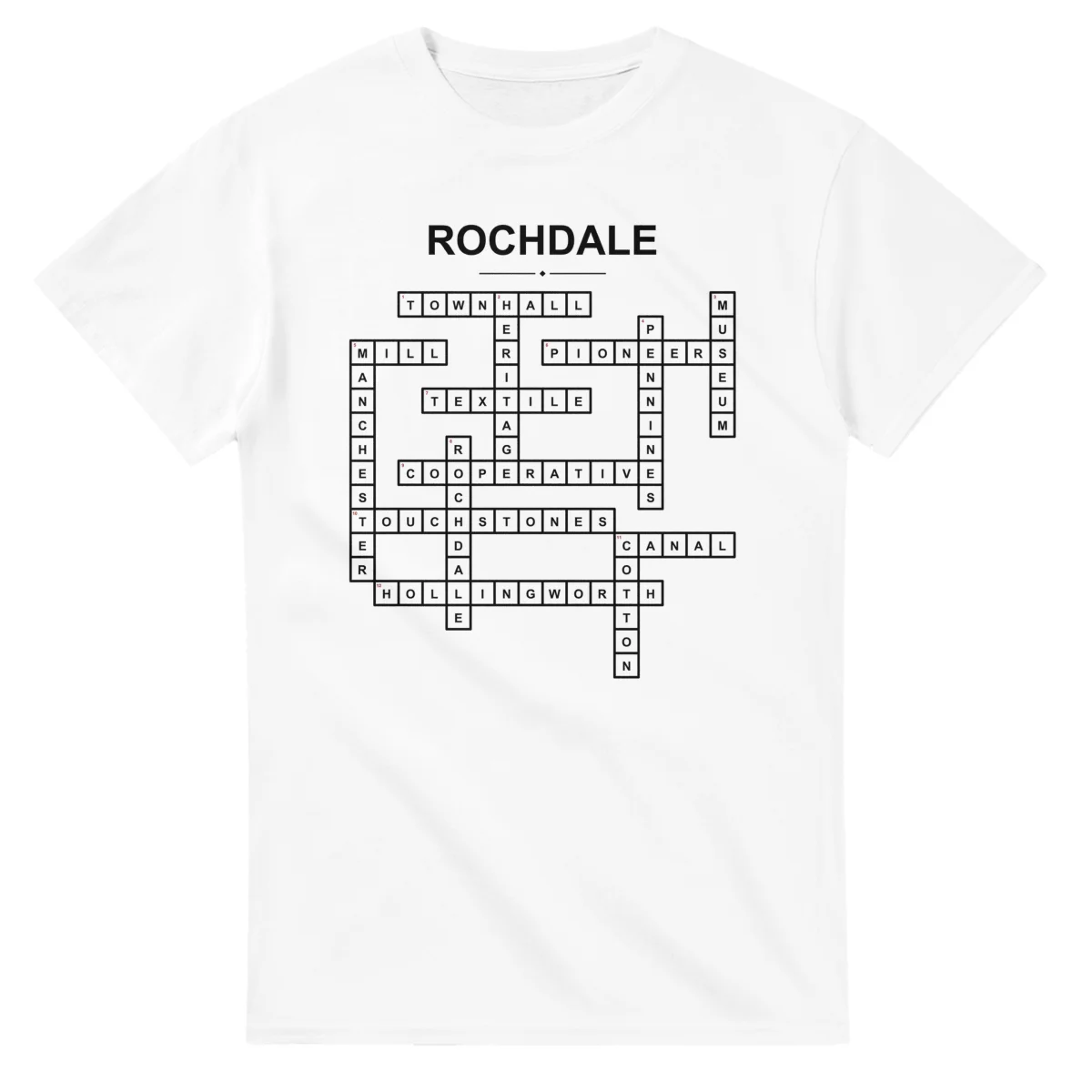Monochrome crossword sheet for Rochdale, with a large place-name heading, a letter grid, and numbered across and down clues.