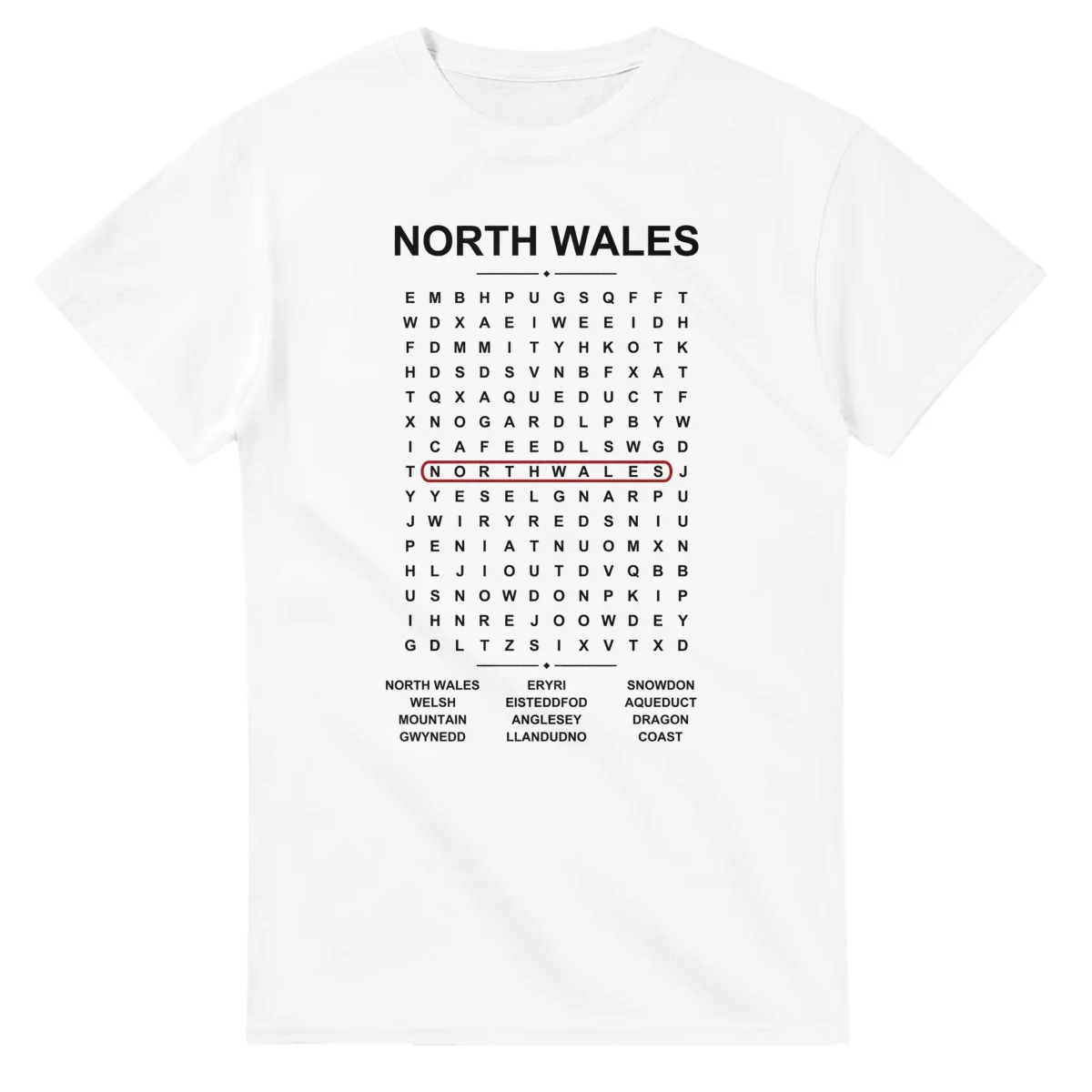 Word-search sheet for North Wales, with a large place-name heading, a letter grid, a local answer list, and a red highlighted example word.