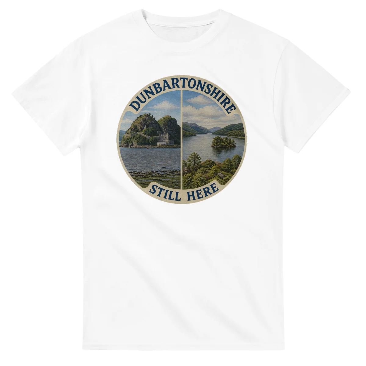 Painted, panelled scenic illustration for Dunbartonshire, with paired local scenes and the place name in lettering.