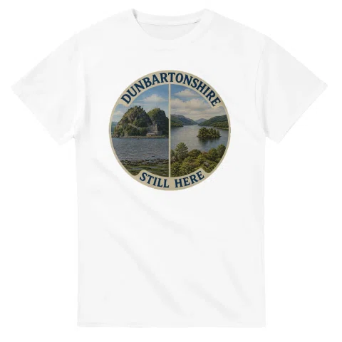 Painted, panelled scenic illustration for Dunbartonshire, with paired local scenes and the place name in lettering.