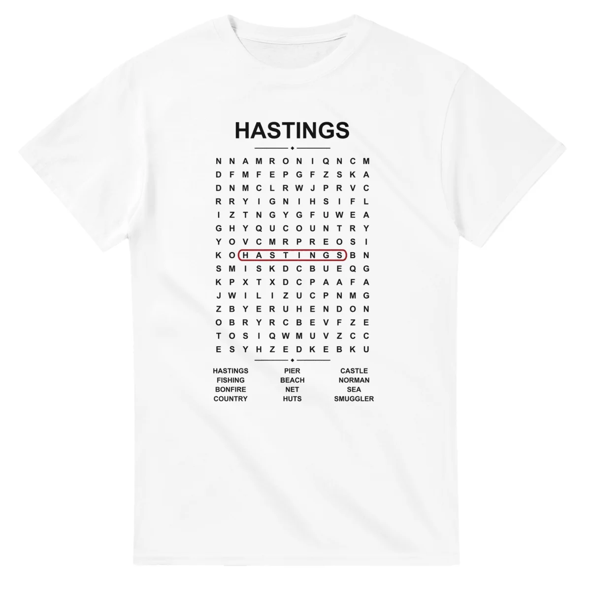 Word-search sheet for Hastings, with a large place-name heading, a letter grid, a local answer list, and a red highlighted example word.