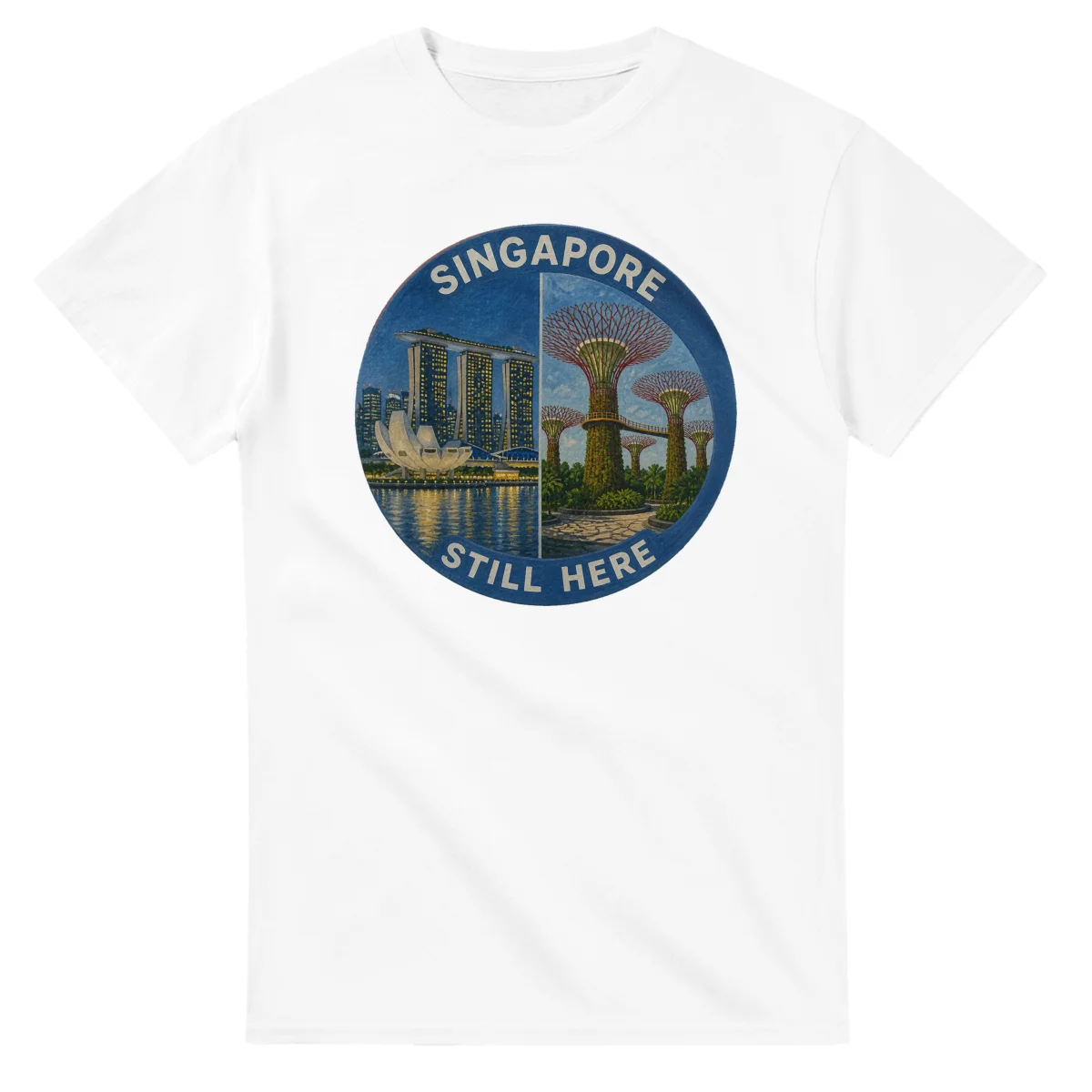 Painted, panelled scenic illustration for Singapore, with paired local scenes and the place name in lettering.