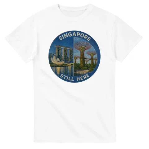 Painted, panelled scenic illustration for Singapore, with paired local scenes and the place name in lettering.