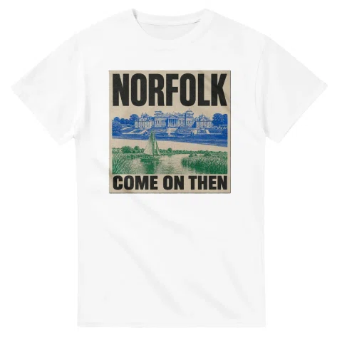 Two-colour scenic illustration for Norfolk, with the place name and COME ON THEN lettering.