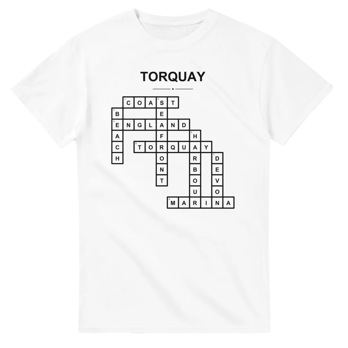 Monochrome crossword sheet for Torquay, with a large place-name heading, a letter grid, and numbered across and down clues.