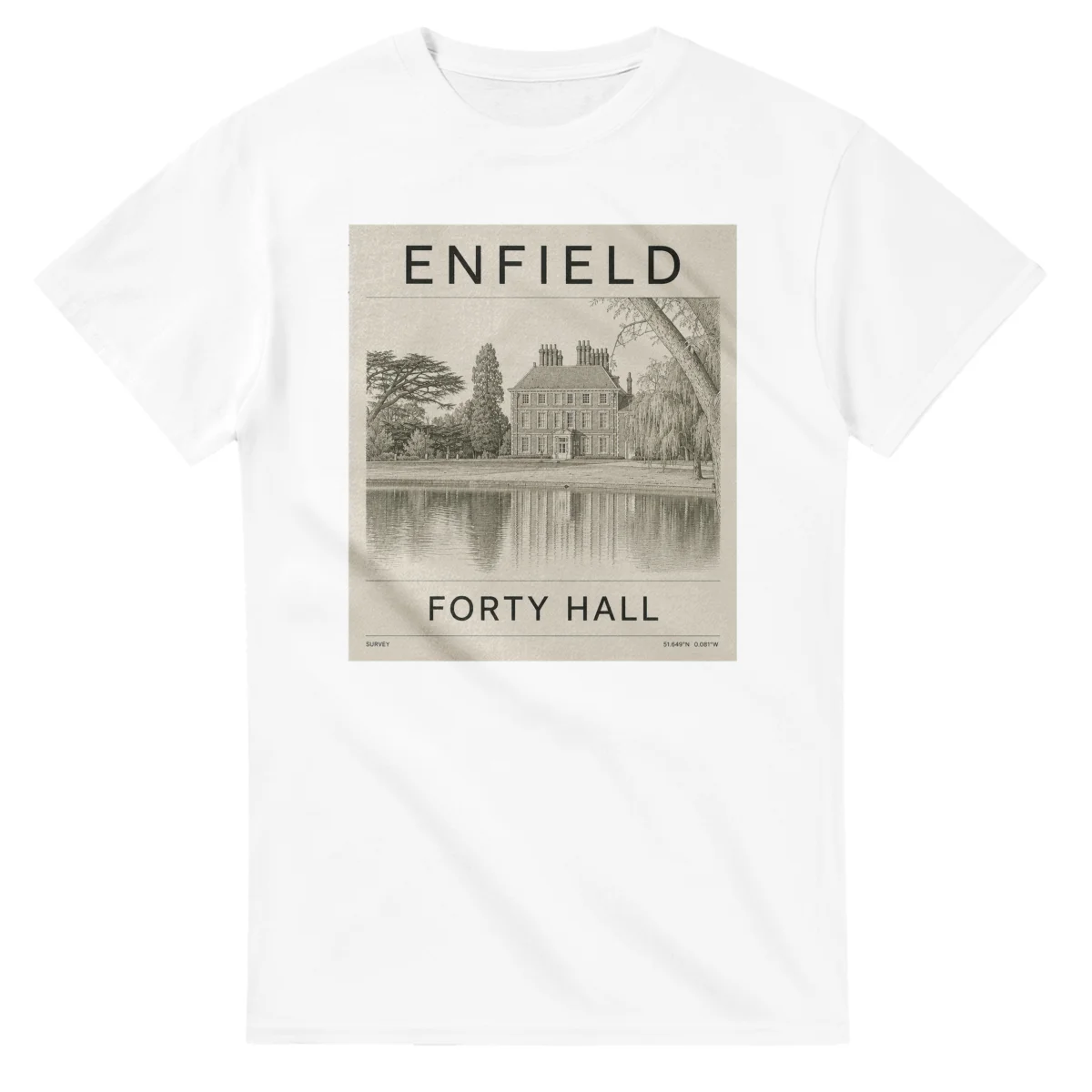 Fine-line engraving-style drawing for London Borough of Enfield, with a landmark caption and small coordinate text.