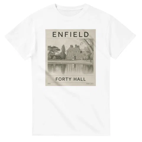 Fine-line engraving-style drawing for London Borough of Enfield, with a landmark caption and small coordinate text.