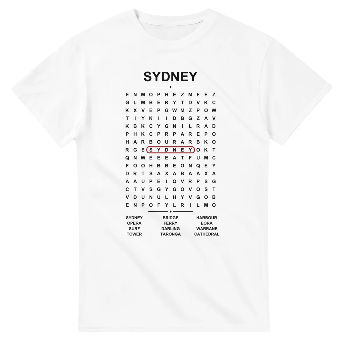 Word-search sheet for Sydney, with a large place-name heading, a letter grid, a local answer list, and a red highlighted example word.