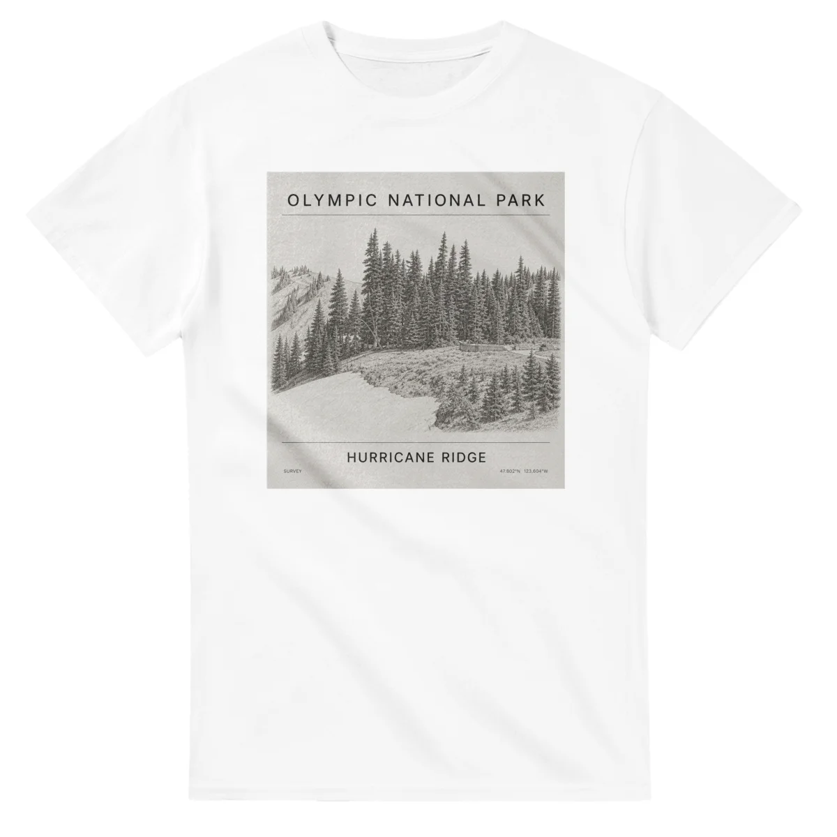 Fine-line engraving-style drawing for Olympic National Park, with a landmark caption and small coordinate text.