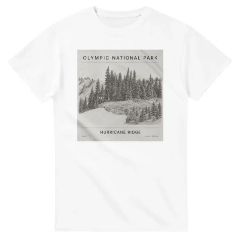 Fine-line engraving-style drawing for Olympic National Park, with a landmark caption and small coordinate text.