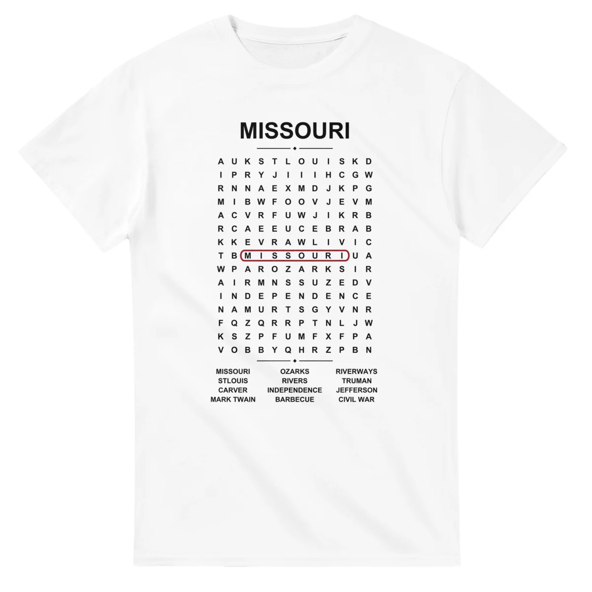 Word-search sheet for Missouri, with a large place-name heading, a letter grid, a local answer list, and a red highlighted example word.
