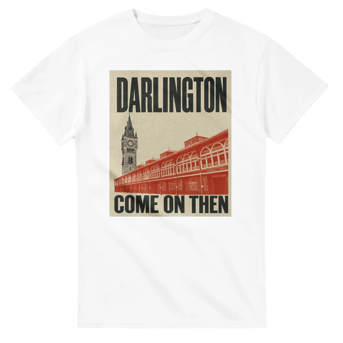 Two-colour scenic illustration for Darlington, with the place name and COME ON THEN lettering.