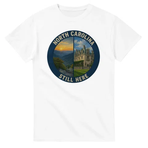 Painted, panelled scenic illustration for North Carolina, with paired local scenes and the place name in lettering.