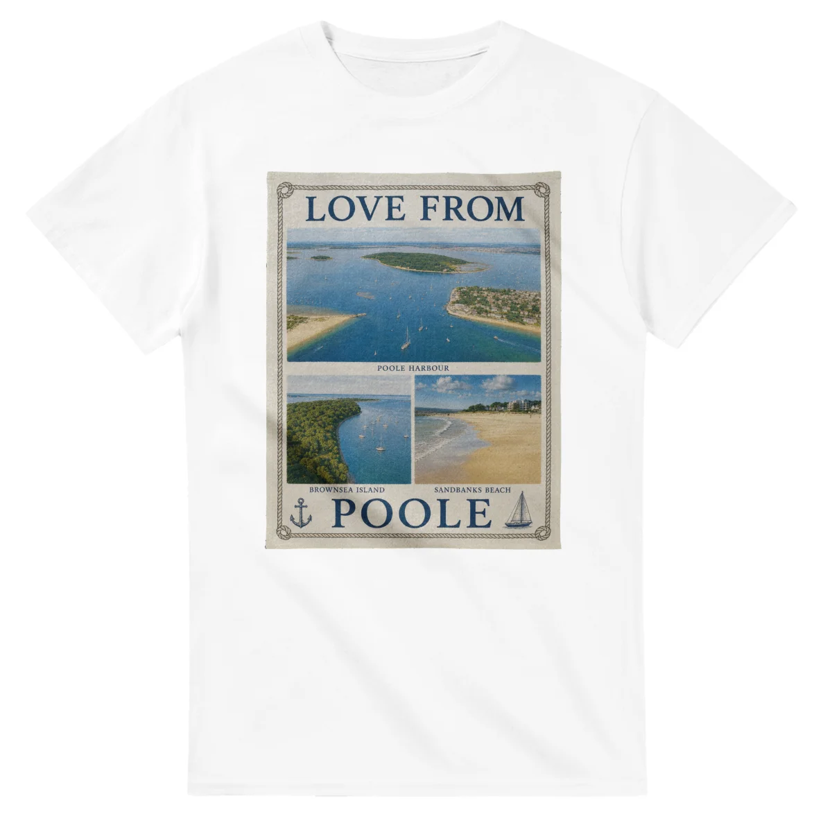 Framed scenic design for Poole, with several local views, a decorative border and LOVE FROM lettering.