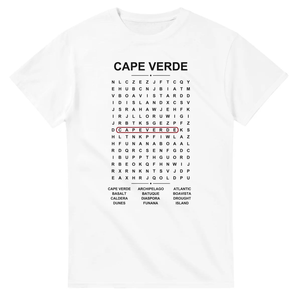 Word-search sheet for Cape Verde, with a large place-name heading, a letter grid, a local answer list, and a red highlighted example word.