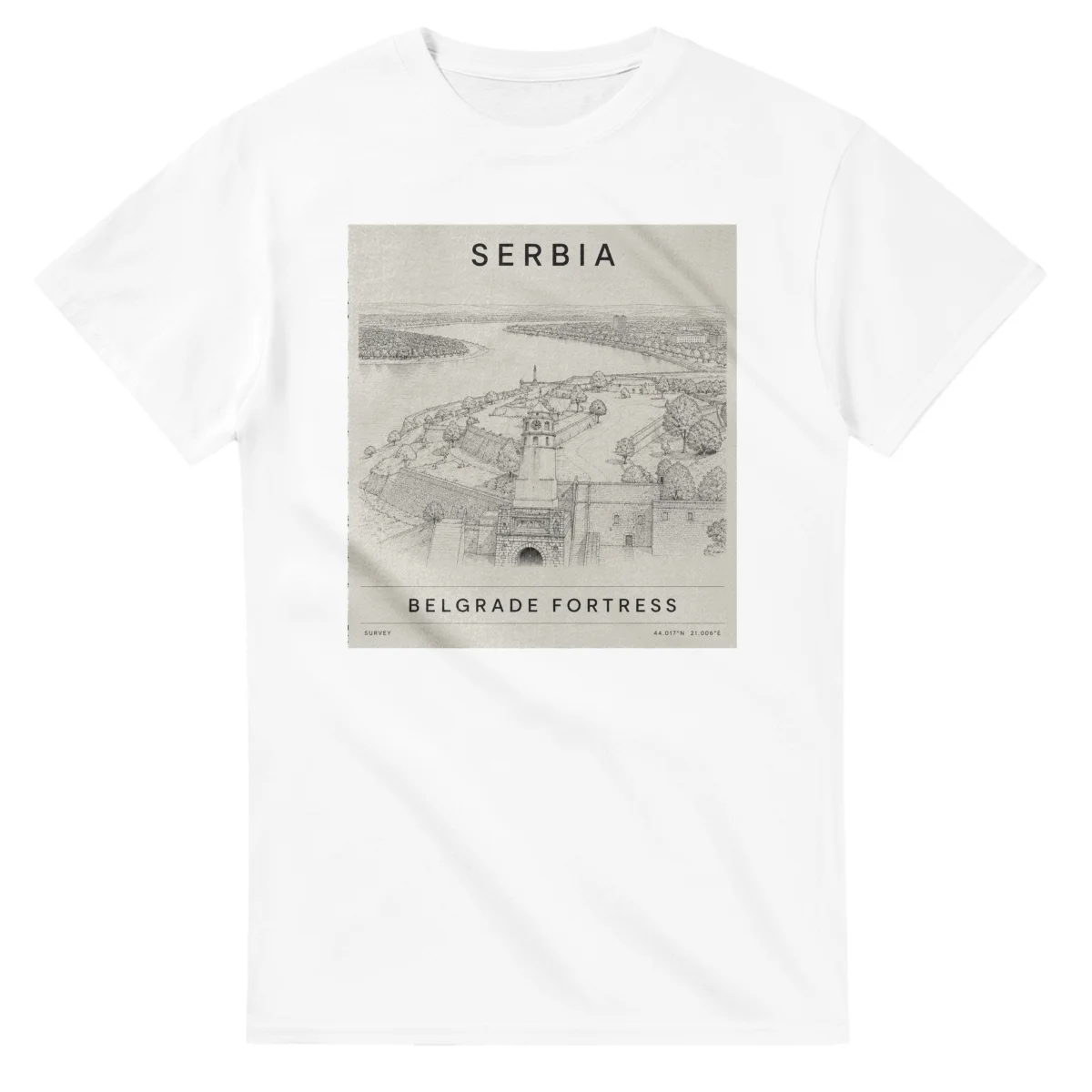 Fine-line engraving-style drawing for Serbia, with a landmark caption and small coordinate text.