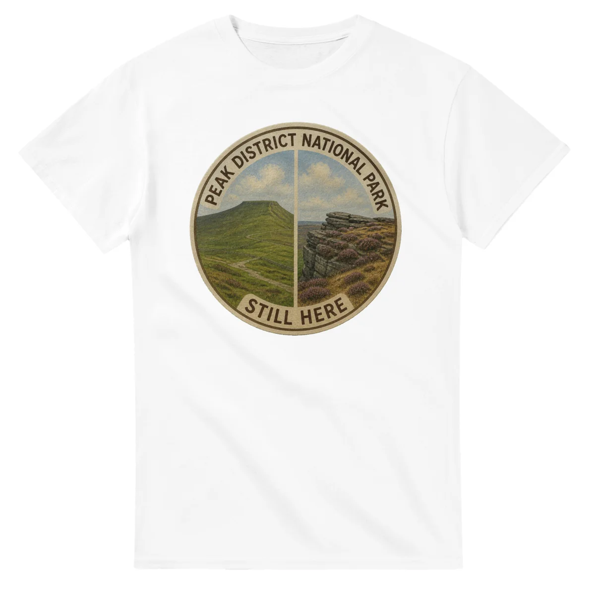 Painted, panelled scenic illustration for Peak District National Park, with paired local scenes and the place name in lettering.