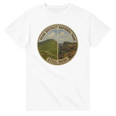 Painted, panelled scenic illustration for Peak District National Park, with paired local scenes and the place name in lettering.