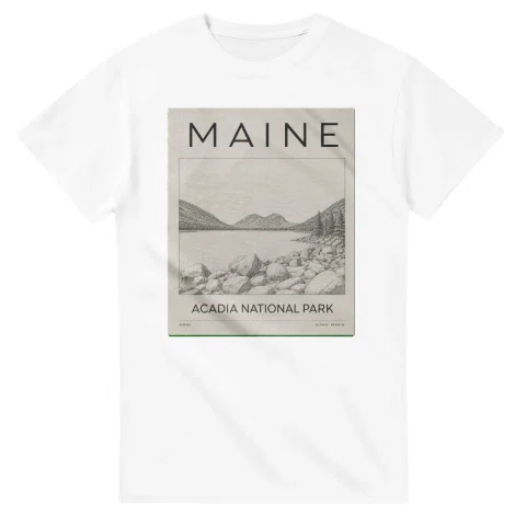 Fine-line engraving-style drawing for Maine, with a landmark caption and small coordinate text.