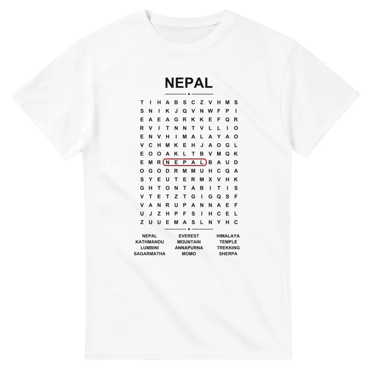 Word-search sheet for Nepal, with a large place-name heading, a letter grid, a local answer list, and a red highlighted example word.