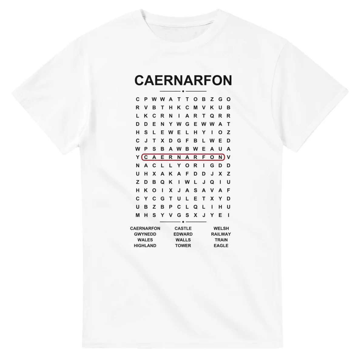 Word-search sheet for Caernarfon, with a large place-name heading, a letter grid, a local answer list, and a red highlighted example word.