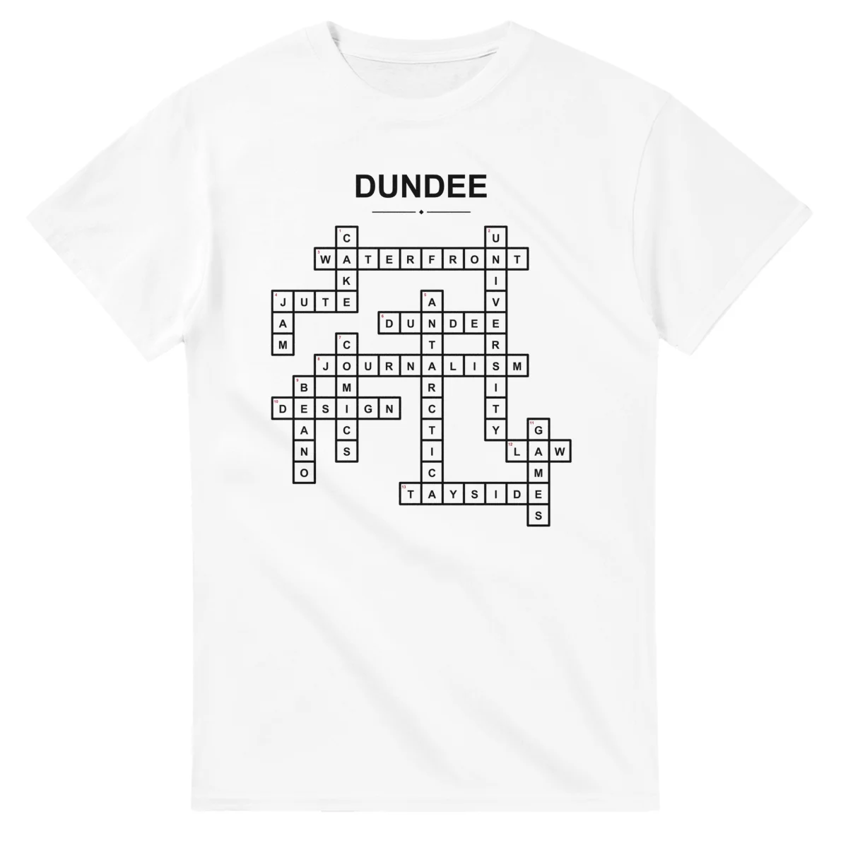 Monochrome crossword sheet for Dundee, with a large place-name heading, a letter grid, and numbered across and down clues.