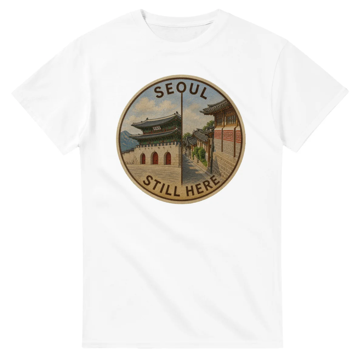 Painted, panelled scenic illustration for Seoul, with paired local scenes and the place name in lettering.