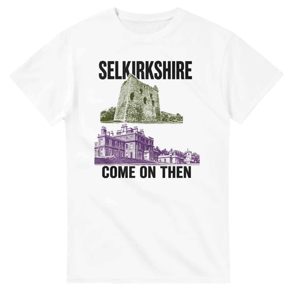 Two-colour scenic illustration for Selkirkshire, with the place name and COME ON THEN lettering.