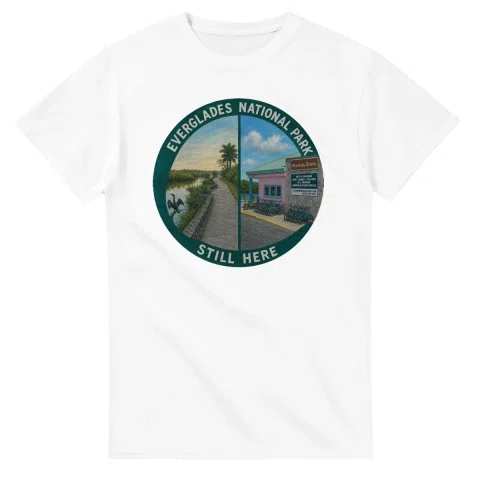 Painted, panelled scenic illustration for Everglades National Park, with paired local scenes and the place name in lettering.