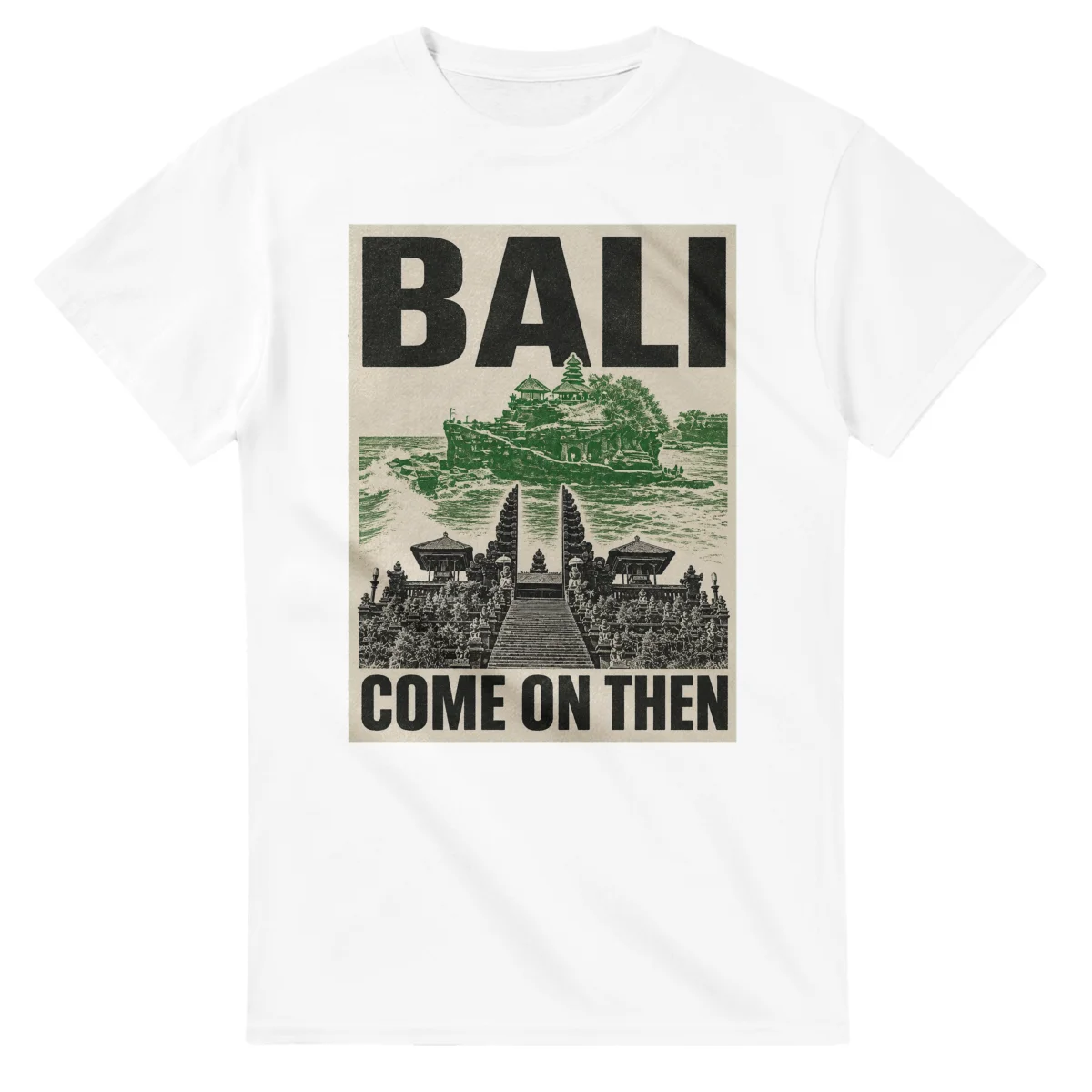 Two-colour scenic illustration for Bali, with the place name and COME ON THEN lettering.
