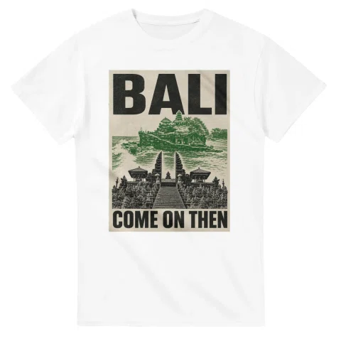 Two-colour scenic illustration for Bali, with the place name and COME ON THEN lettering.