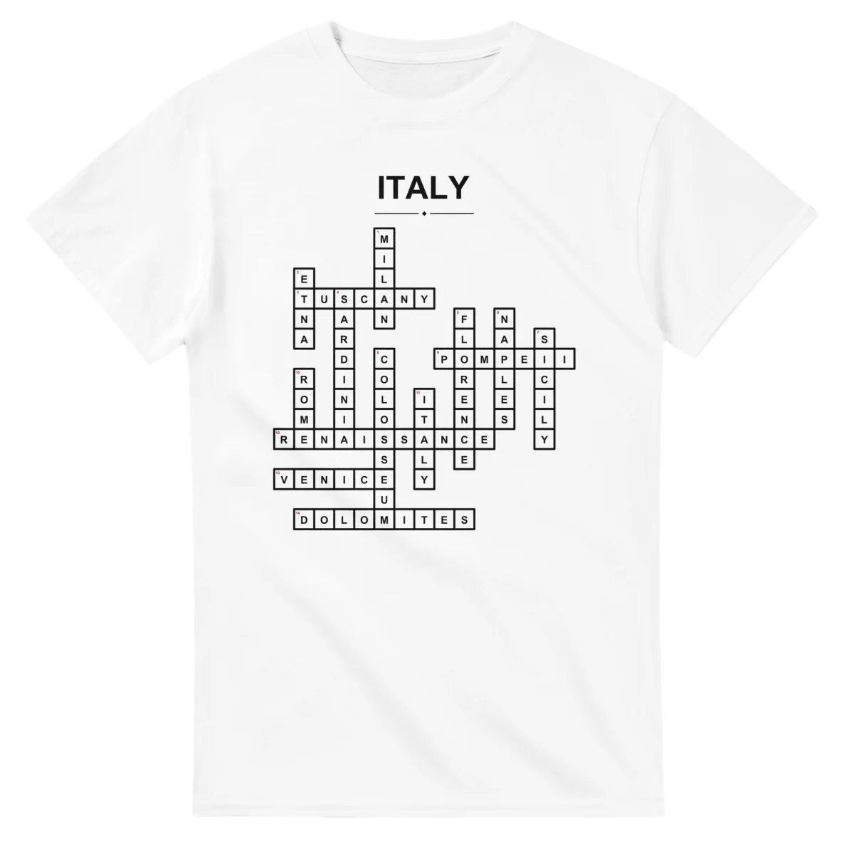 Monochrome crossword sheet for Italy, with a large place-name heading, a letter grid, and numbered across and down clues.