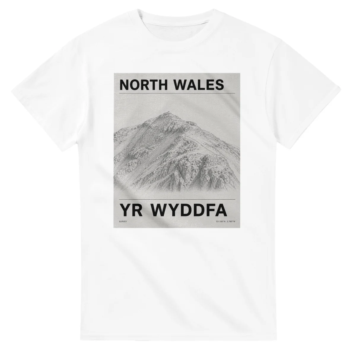 Fine-line engraving-style drawing for North Wales, with a landmark caption and small coordinate text.
