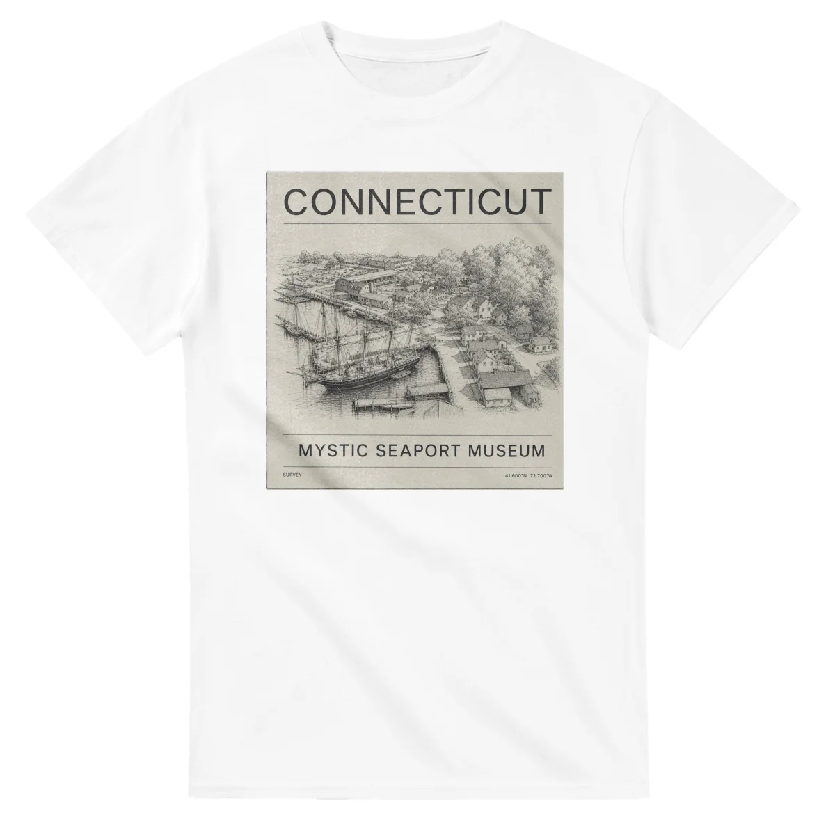Fine-line engraving-style drawing for Connecticut, with a landmark caption and small coordinate text.