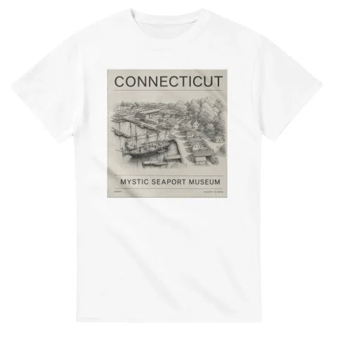 Fine-line engraving-style drawing for Connecticut, with a landmark caption and small coordinate text.