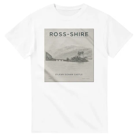 Fine-line engraving-style drawing for Ross-shire, with a landmark caption and small coordinate text.