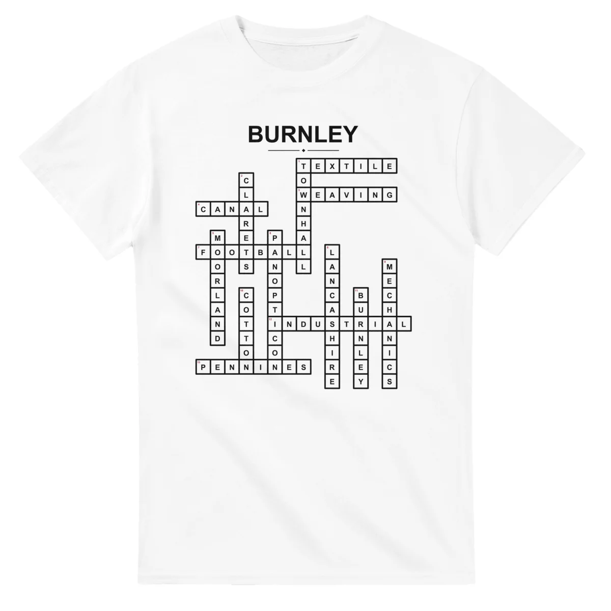 Monochrome crossword sheet for Burnley, with a large place-name heading, a letter grid, and numbered across and down clues.