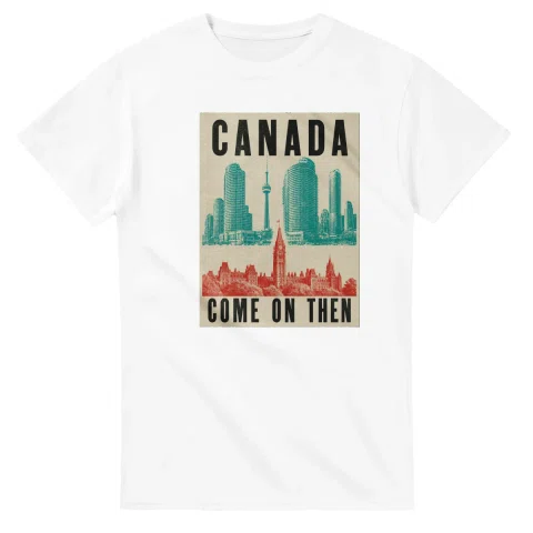 Two-colour scenic illustration for Canada, with the place name and COME ON THEN lettering.